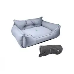 Cama Para Mascota 50x40x18cm Gris + Abrigo Negro Para Mascotas 25cm