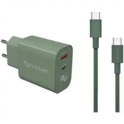 Nubbeh Cargador Pared Bhoot USB + USB-C PD 3.0 30W + Cable CC Silicona Líquida 60 W Verde