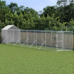 Perrera De Exterior | Jaula Para Perro | Parque Para Mascotas Con Toldo Acero Galvanizado Plata 2x14x2,5m Cfw783764