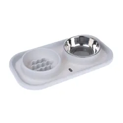 Comedero doble TIAKI de acero inoxidable y antivoracidad con alfombrilla - 2 x 300 ml