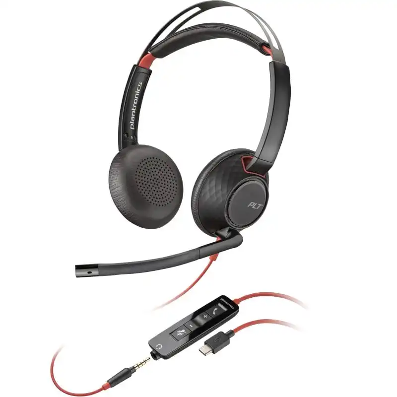 Poly Blackwire 5220 Auriculares Estéreo USB-C Negros + Conector de 3.5mm + Adaptador USB-C a USB-A