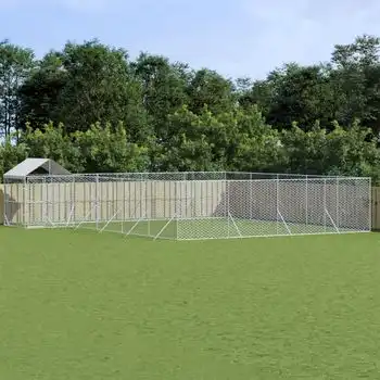 Perrera De Exterior | Jaula Para Perro | Parque Para Mascotas Con Techo Acero Galvanizado Plata 10x8x2,5m Cfw783739