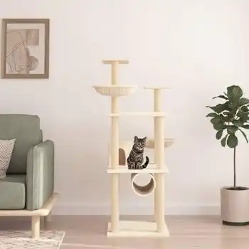 Rascador Para Gatos Con Postes De Sisal Color Crema 141 Cm
