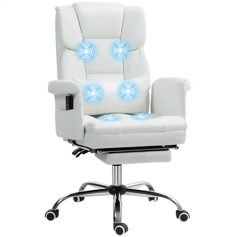 Homcom Silla De Oficina Con 6 Puntos De Masaje Reposapiés Retráctil Blanco