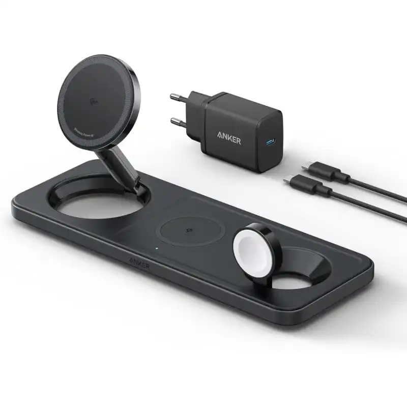 Anker MagGo Magnetic Wireless Charger Estación de Carga Inalámbrica 3 en 1 Plegable 15W Qi2 Negro