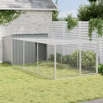 Caseta Perros | Perrera Exterior Con Corral Acero Galvanizado Gris 153x396x110 Cm Cfw750379