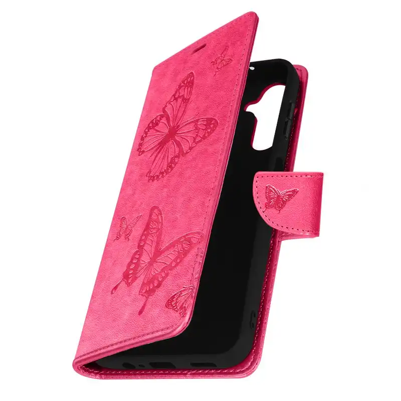Funda Para Galaxy A14 5g Diseño Mariposa Tarjetero Soporte Vídeo Correa Rosa