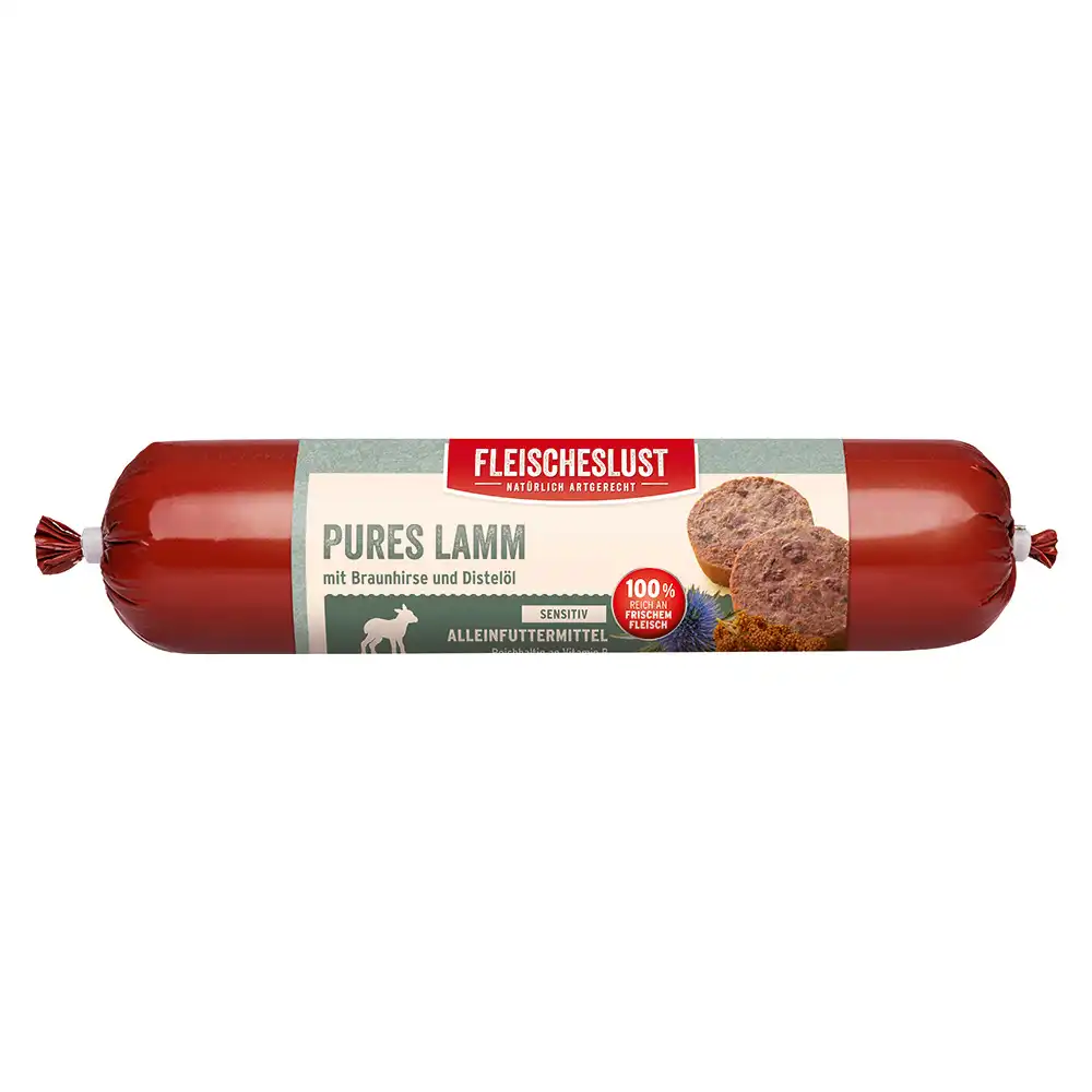 Fleischeslust Sin cereales Sensitive 6 x 800 g salchichas para perros - Cordero puro