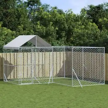 Perrera De Exterior | Jaula Para Perro | Parque Para Mascotas Con Techo Acero Galvanizado Plata 4x4x2,5 M Cfw783744
