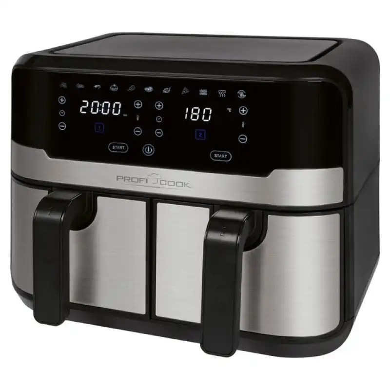 ProfiCook FR 1242 XXL Freidora de Aire de Doble Cesta 9L 2.400W Acero Inoxidable