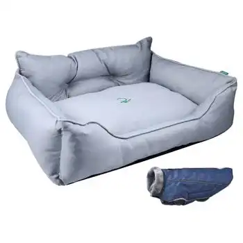 Cama Para Mascota 90x70x28cm Gris + Abrigo Azul Para Mascotas 40cm