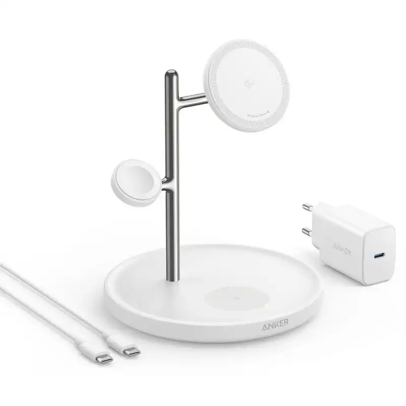 Anker MagGo Estación de Carga Inalámbrica Ajustable 3 en 1 Qi2 15W Blanco