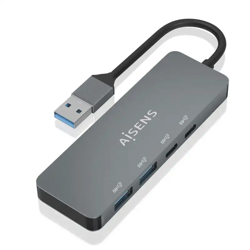 Aisens HUB USB 3.2 Gen2 10G USB-A a USB-A/M + 2xUSB-C/H + 2xUSB-A/H 15cm Gris
