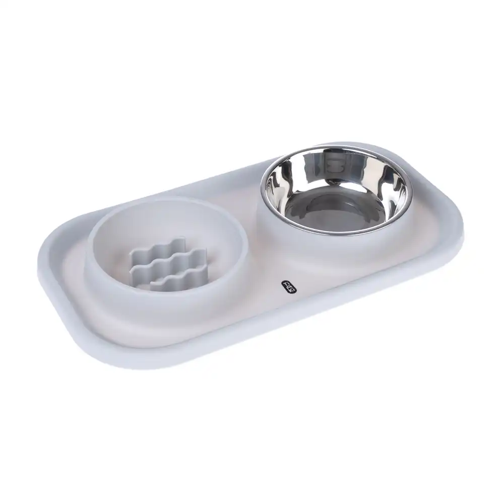 Comedero doble TIAKI de acero inoxidable y antivoracidad con alfombrilla - 2 x 300 ml