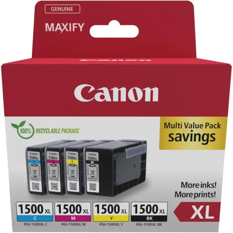Cartuchos de Tinta Original Canon PGI-1500XL Multipack Alto Rendimiento (XL) Negro, Cian, Magenta, Amarillo