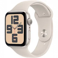 APPLE Watch SE (2023), GPS, 44 mm, Caja de aluminio blanco estrella, Vidrio delantero Ion-X, Talla S/M, Correa deportiva estrella