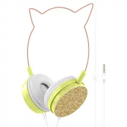 Avizar Auriculares 3.5mm Diseño Orejas de Gato Kawaii Micro Purpurina Dorado