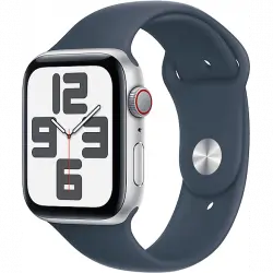 APPLE Watch SE (2023), GPS+CELL, 44 mm, Caja de aluminio plata, Vidrio delantero Ion-X, Talla S/M, Correa deportiva azul tempestad