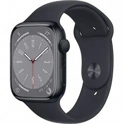 APPLE Watch Series 8 (2022), GPS, 45 mm, Caja de aluminio, Vidrio delantero Ion-X, Correa deportiva medianoche