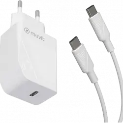 Cargador - Muvit MCPAK0044, USB-C a USB-C, Universal, 1 m, 20W, Blanco