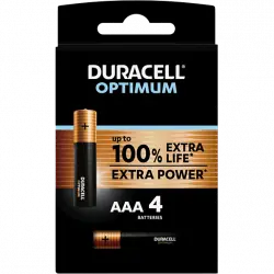 Pilas AAA - Duracell Optimum, 4 Unidades, 1.5 V LR03 / LR3 MX2400, Negro