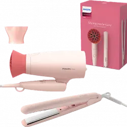 Secador - Philips BHP398/00, Set de secador y plancha, 1600 W, Accesorio ThermoProtect, Placas con queratina, Rosa