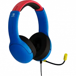 Auriculares gaming - PDP Airlite Level 40 Mario Nintendo Switch, Con cable, Micrófono, Azul/Rojo