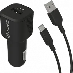 Cargador USB para coche - Muvit MCPAK0015, USB-A, USB-C, Universal, 12W, 1.2 m, 2.4A, Negro