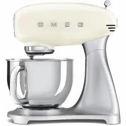 Robot amasador - Smeg SMF02CREU, Amasador, 800W, 4.8l, 10 velocidades, 6 accesorios, Acero inoxidable, Crema