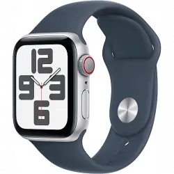 APPLE Watch SE (2023), GPS+CELL, 40 mm, Caja de aluminio plata, Vidrio delantero Ion-X, Talla M/L, Correa deportiva azul tempestad