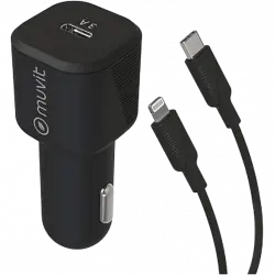 Cargador USB para coche - Muvit MCPAK0045, Lightning, USB-C, Universal, 20W, 2.4A, Negro + Cable USB-C