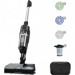 Aspiradora escoba - Rowenta X-Combo GZ3039WO, Sin cable, Aspira y friega a la vez, Ultraligera, 215 W, 0.55 L, 60 min., Mopas lavables incl., Negro