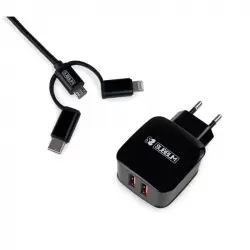 Subblim Cargador 2xUSB 2.4A + Cable 3 en 1 MicroUSB/USB-C/Lightning Negro