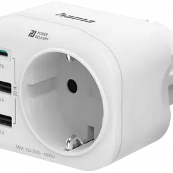 Adaptador de corriente - Hama 00223342, 4 entradas, 1 USB C, 2 -A, Contacto conexión a tierra, 20 W, Blanco