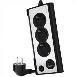 Nanocable Regleta de Sobremesa con Interruptor 3 Tomas Schuko + 2 USB 1.5m Plata/Negro