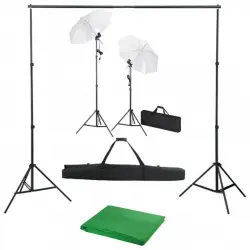 vidaXL Kit de Estudio Fotográfico con Telón de Fondo Verde + Lámparas + Paraguas