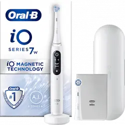 Cepillo eléctrico - Oral-B iO 7W, Con 2 Cabezales, 1 Estuche De Viaje Y Funda Para Cargador, Diseñado por Braun, Blanco