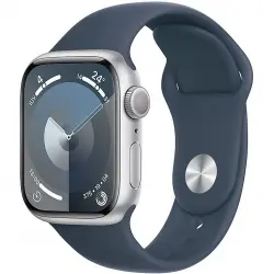 Apple Watch Series 9 (2023), GPS, 41 mm, Gesto de doble toque, Caja aluminio plata, Correa deportiva azul tempestad, Talla M/L