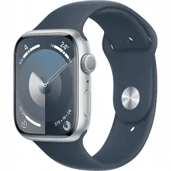 Apple Watch Series 9 (2023), GPS, 45 mm, Gesto de doble toque, Caja aluminio plata, Correa deportiva azul tempestad, Talla M/L