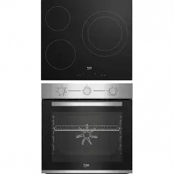 Pack Horno + Encimera - Beko BBSE12120XD, Vitrocerámica, 3 zonas, Negro Multifunción, 72 l, AeroPerfect, Función Booster, Inox