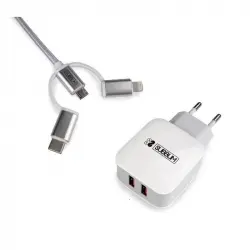 Subblim Cargador 2xUSB 2.4A + Cable 3 en 1 MicroUSB/USB-C/Lightning Blanco