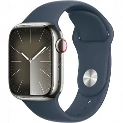 Apple Watch Series 9 (2023), GPS+CELL, 41 mm, Gesto de doble toque, Caja aluminio plata, Correa deportiva azul tempestad, Talla S/M