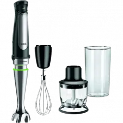 Batidora de mano - Braun Minipimer 7 MQ7025X, 1000 W, 0.6 l, ActiveBlade, SplashControl, 3 accesorios, Picadora, Negro/Acero