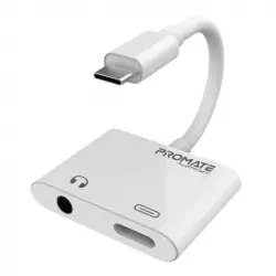 Promate AUXCharge-C Adaptador de Audio/Cargador USB-C a Jack 3.5mm/USB-C Blanco