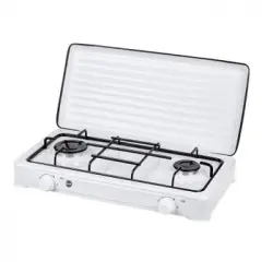 Cocina Gas Portátil Camping, 2 Quemadores, Rejilla Esmaltada, Tapa Protectora, Normativa G30-37 Mbar Blanco Mpm Sml-kn-02/1k