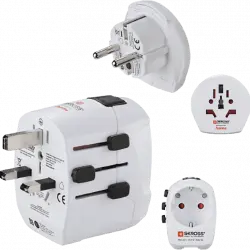 Adaptador enchufe - World to Europe Hama, 2 entradas USB, 250 V, Compatible con hasta 200 países, Blanco