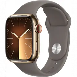 Apple Watch Series 9 (2023), GPS+CELL, 41 mm, Gesto de doble toque, Caja acero inoxidable oro, Correa deportiva arcilla, Talla S/M