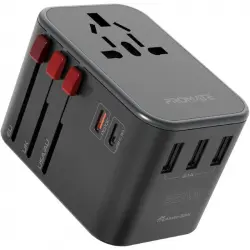 Promate Tripmate-33W Cargador Adaptador de Viaje Universal Multirregional 6 en 1 USB Gris