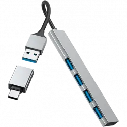 Hub USB/Concentrador - Hama 00200141, 4 puertos, USB 3.2 Gen1, 5 Gbit/s, Adaptador USB-C, Gris