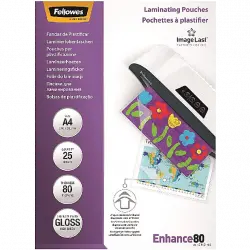 Pack fundas plastificar - Fellowes 5396205, 25 fundas, Para A4 y de grosor 80 micras